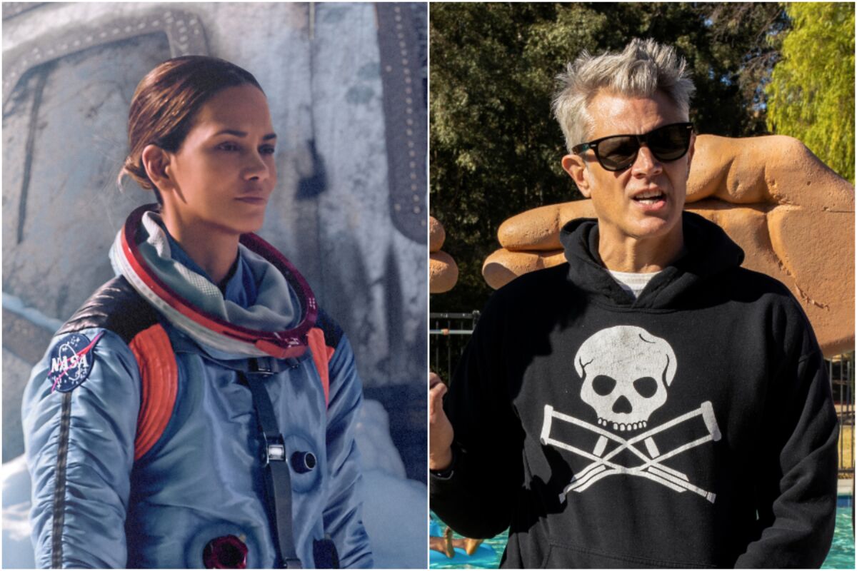 A split image of Halle Berry wearing an astronaut uniform and Johnny Knoxville wearing a skull sweatshirt