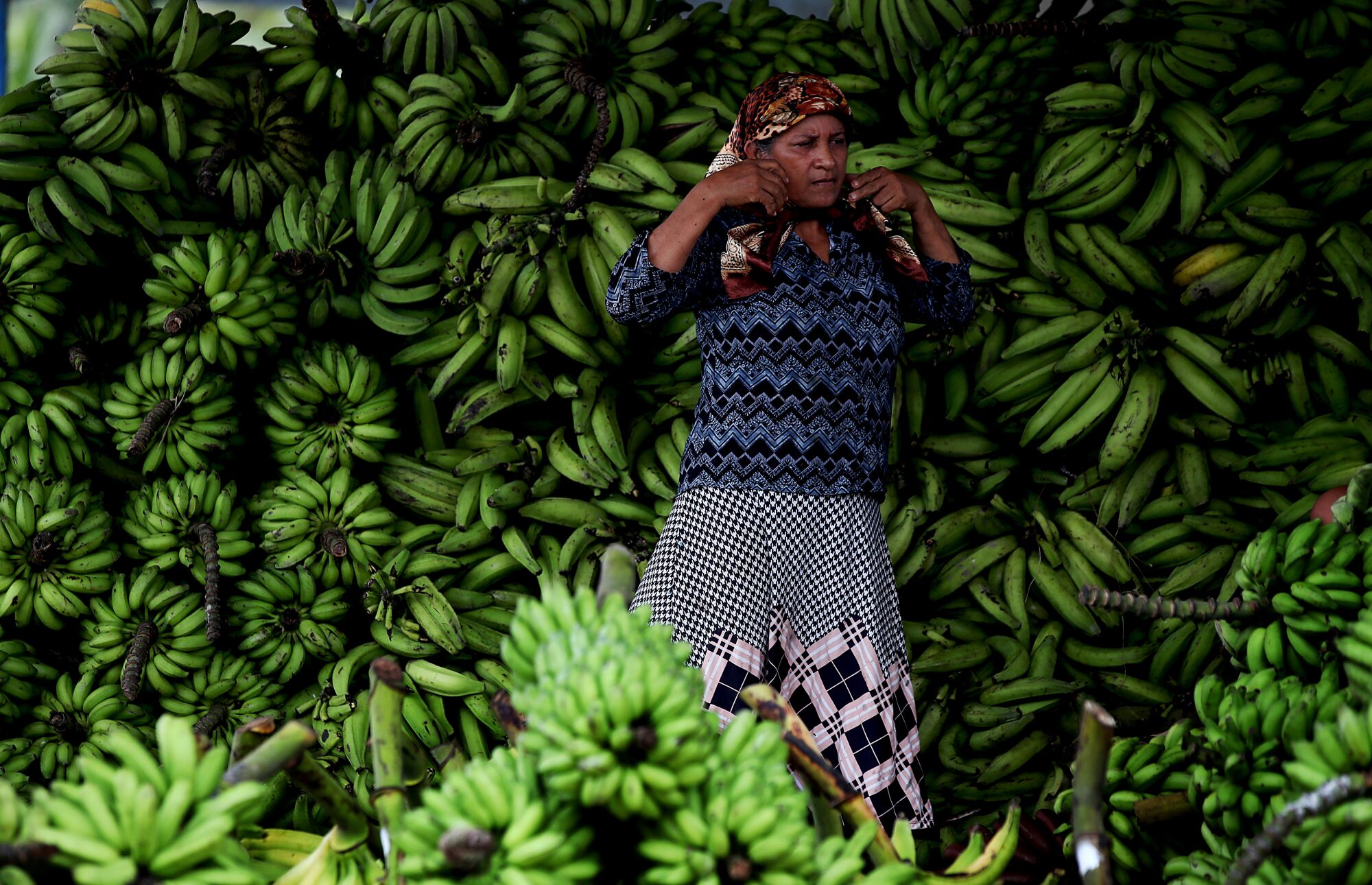 A woman stands in front of a huge pile of green bananas 