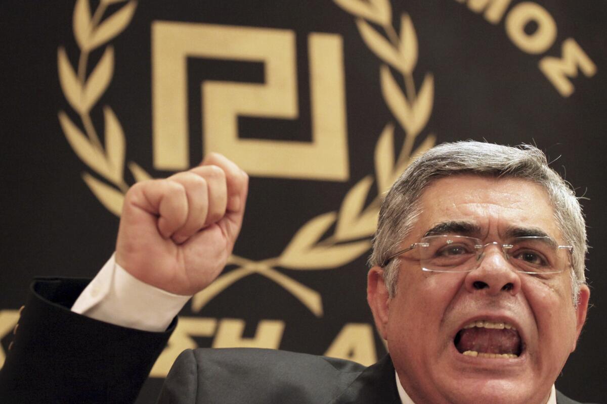 Police in Greece have arrested Nikos Michaloliakos, leader of the extreme-right party Golden Dawn, whose members have been accused of attacks on immigrants and others. The party led by Michaloliakos, shown here in May 2012, uses a swastika-like emblem and has garnered increasing support amid Greece's economic depression.
