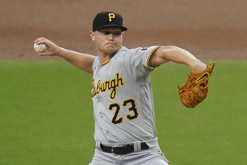 Pittsburgh Pirates starting pitcher Mitch Keller works against a San Diego Padres batter during the first inning of a baseball game Tuesday, May 4, 2021, in San Diego. (AP Photo/Gregory Bull)