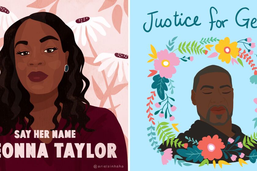 Two colorful artworks in memory of Breonna Taylor and George Floyd
