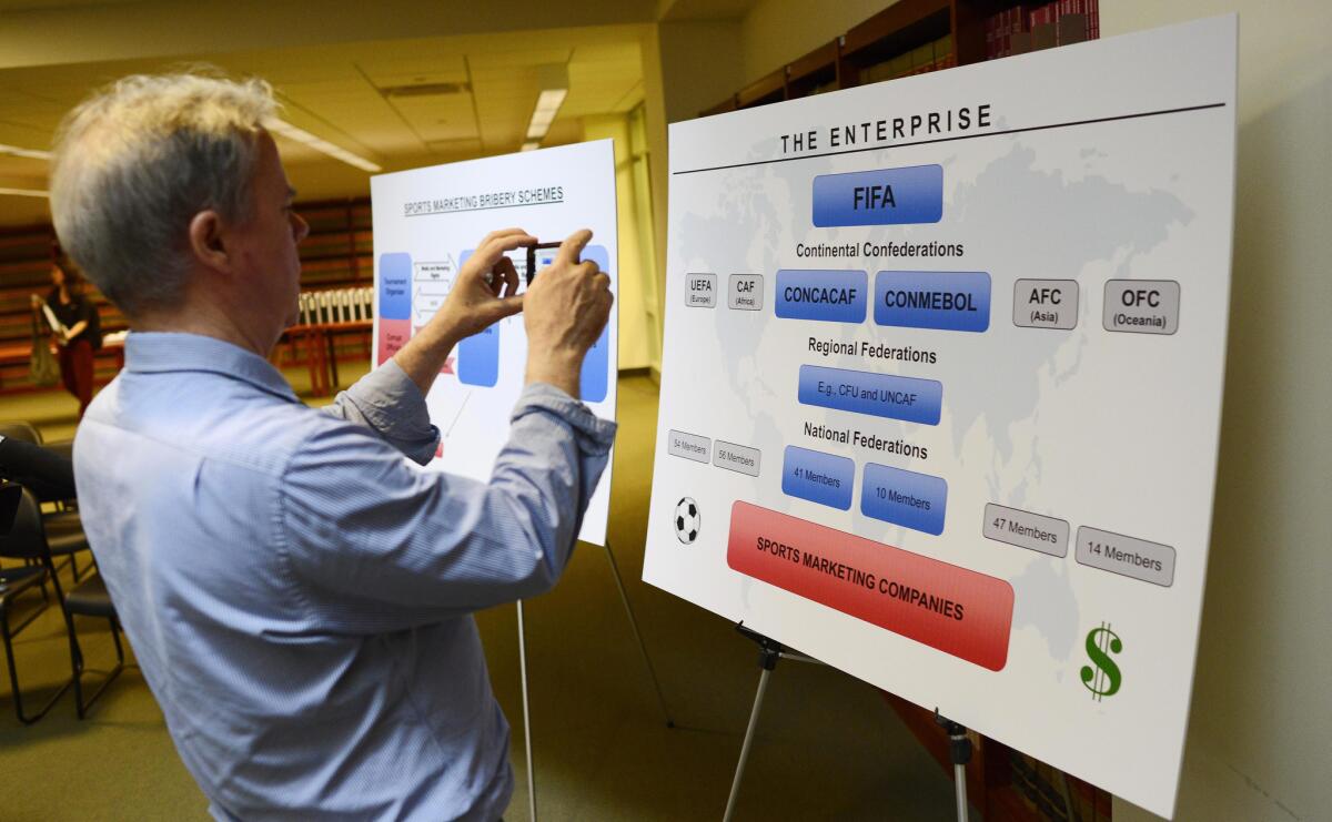 A reporter takes a photograph of a chart that the Justice Department used to explain its allegations of bribery involving FIFA officials.
