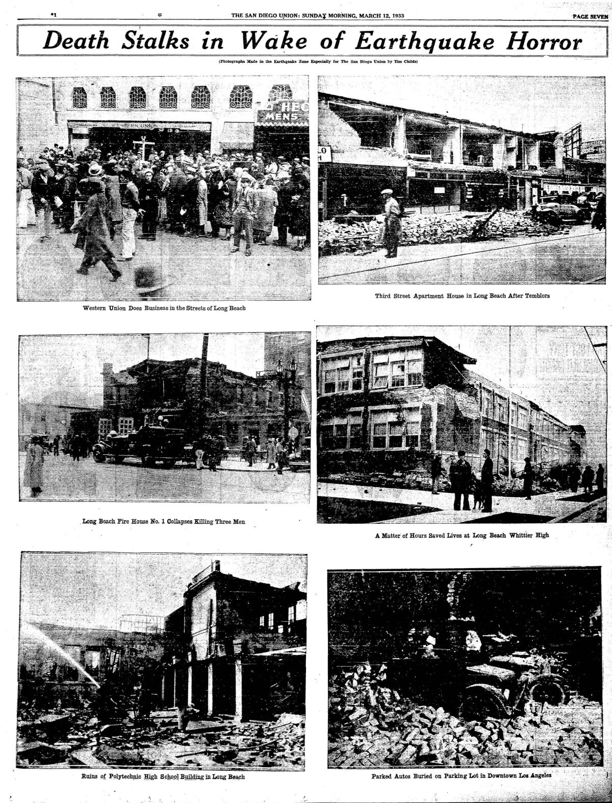 Page of images of the aftermath of the 1933 Long Beach earthquake  