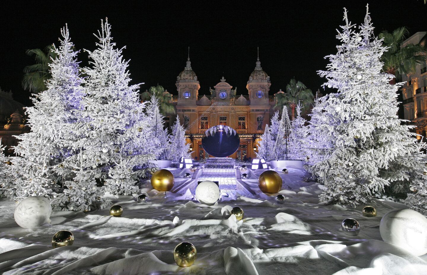 This is the snowy Christmas scene outside the Monte Carlo Casino.