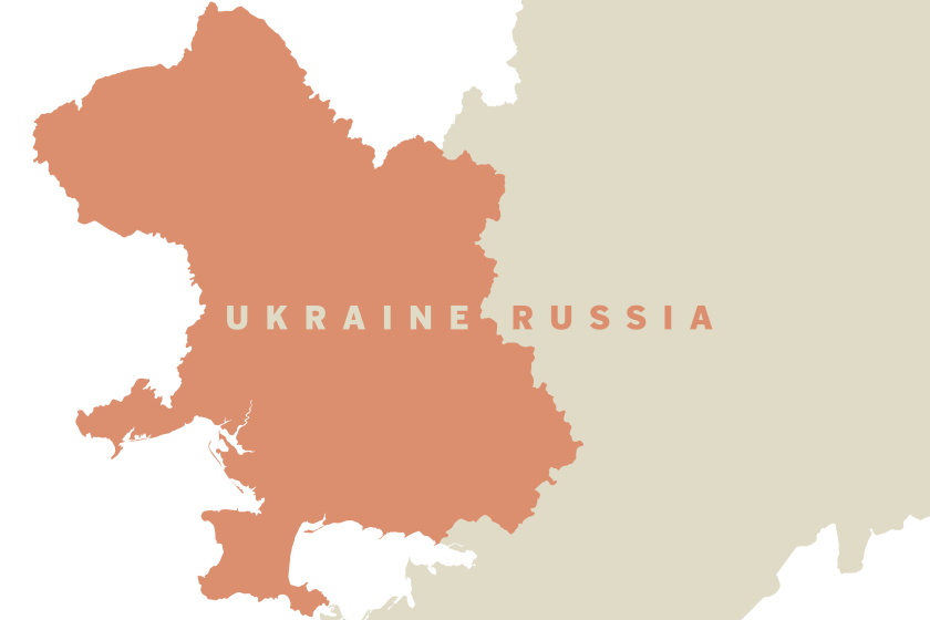 Impressionistic map showing the borders of Ukraine and Russia next to each other.