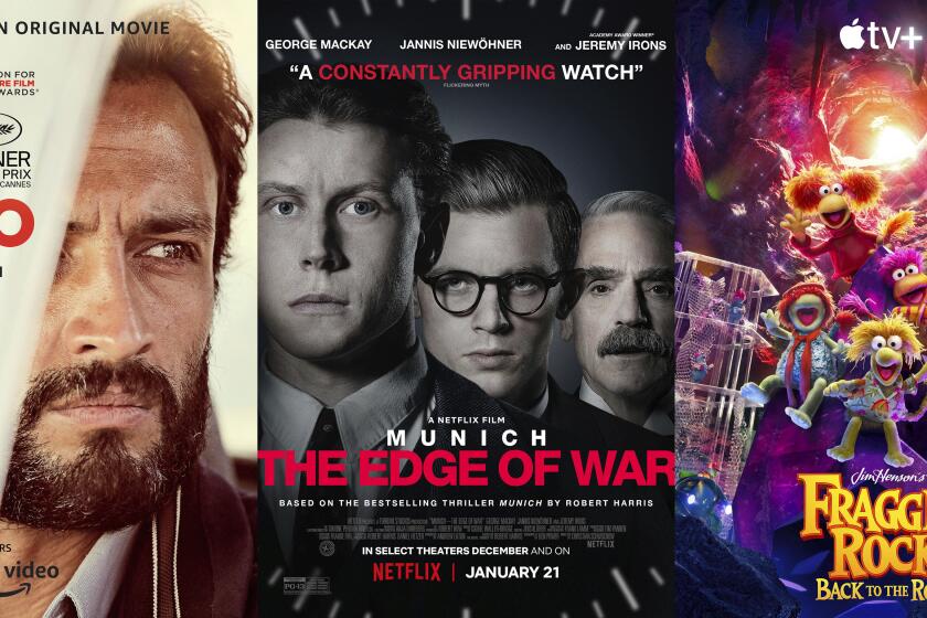 En esta combinación de fotos, el arte promocional de "A Hero", una película que se estrena el 21 de enero en Amazon; "Munich: The Edge of War", un film que debuta el 21 de enero en Netflix, y "Fraggle Rock: Back to the Rock", una serie que llega el 21 de enero a Apple TV+. (Amazon/Netflix/Apple TV+ vía AP)