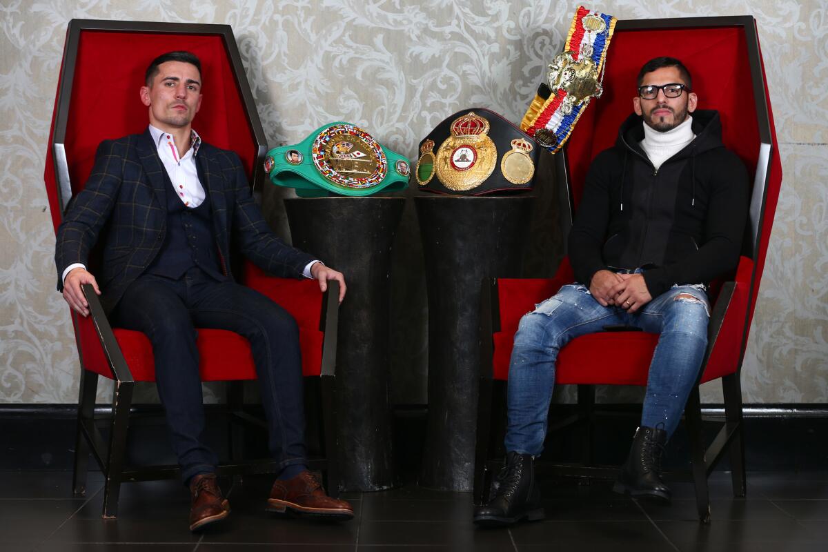 MANCHESTER, ENGLAND - JANUARY 24: Jorge Linares and Anthony Crolla (L) following a press conference at the Radisson Hotel on January 24, 2017 in Manchester, England. Linares and Crolla will fight each other for the second time at the Manchester Arena in March for Linares' WBA and WBC Diamond World and Ring Magazine Lightweight Championships. (Photo by Dave Thompson/Getty Images) ** OUTS - ELSENT, FPG, CM - OUTS * NM, PH, VA if sourced by CT, LA or MoD **