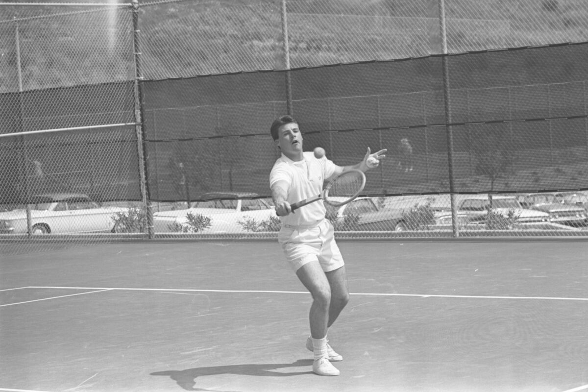Actor-singer Ricky Nelson playing in the 30th annual Motion Picture Tennis Assn. Tournament in Encino, Calif., in 1964.