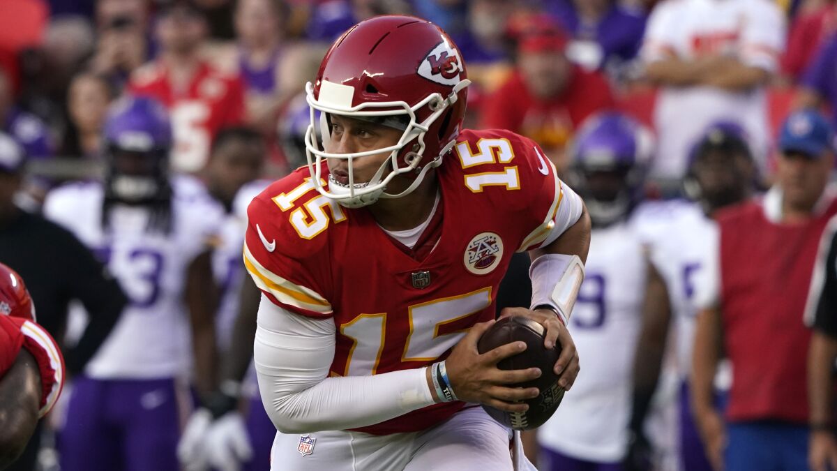 Kansas City Chiefs quarterback Patrick Mahomes looks to pass in the preseason game against the Minnesota Vikings on Aug. 27.
