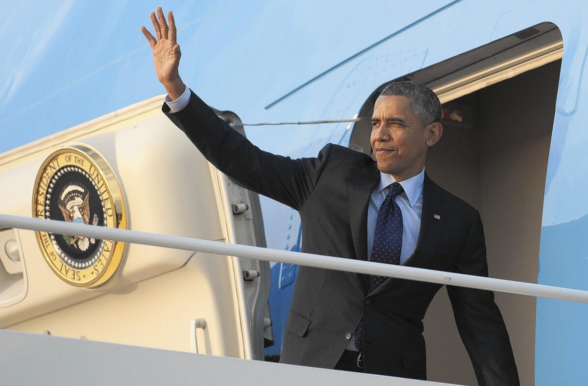 President Obama boards Air Force One at Andrews Air Force Base in Maryland. His four-day trip to Poland, Belgium and France is packed with diplomacy and potential drama, as Western leaders rattled by Russia's meddling in Ukraine look to Washington for support.