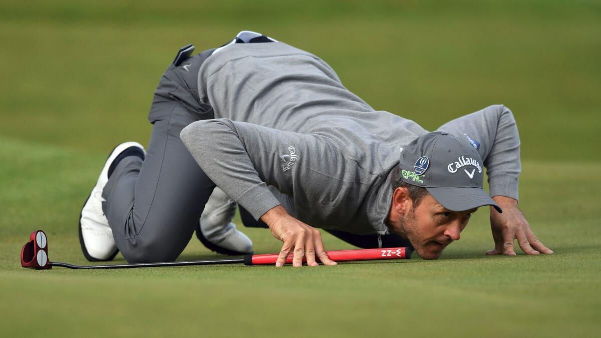 Stuart Manley lines up a putt on the eighth green during the first day of the British Open at Royal Birkdale on July 20.