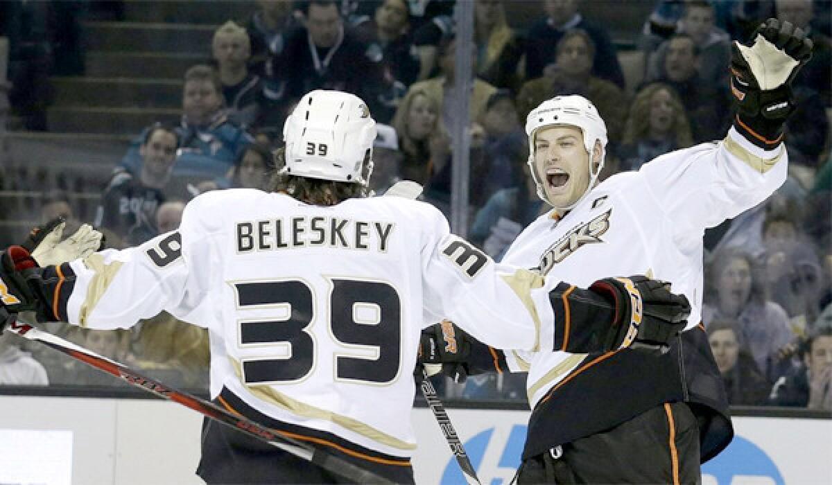 Matt Beleskey celebrates after scoring against the San Jose Sharks with center Ryan Getzlaf. The Ducks lost, 3-2, but the team feels good about its play.