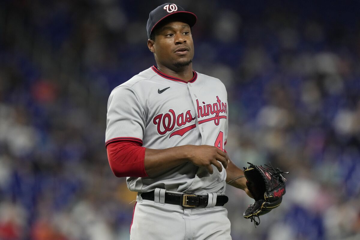 Josiah Gray pitches for the Washington Nationals against the Miami Marlins on May 16, 2023, in Florida. 