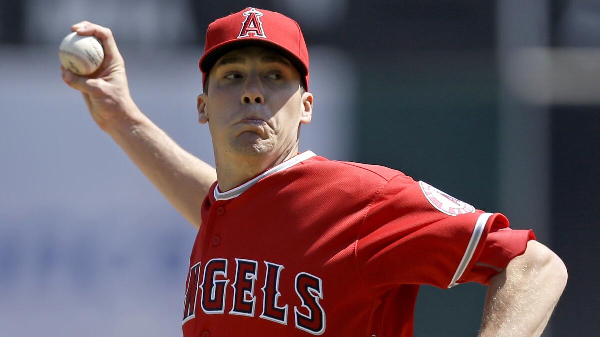 Alex Meyer delivers a pitch against the Athletics during an Angels game last September in Oakland.