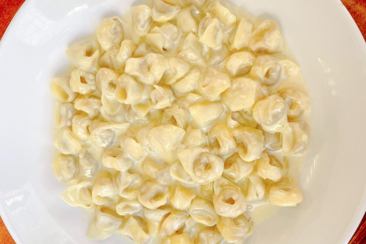 A bowl of tortellini in cream sauce at Pasta Sisters in Culver City.