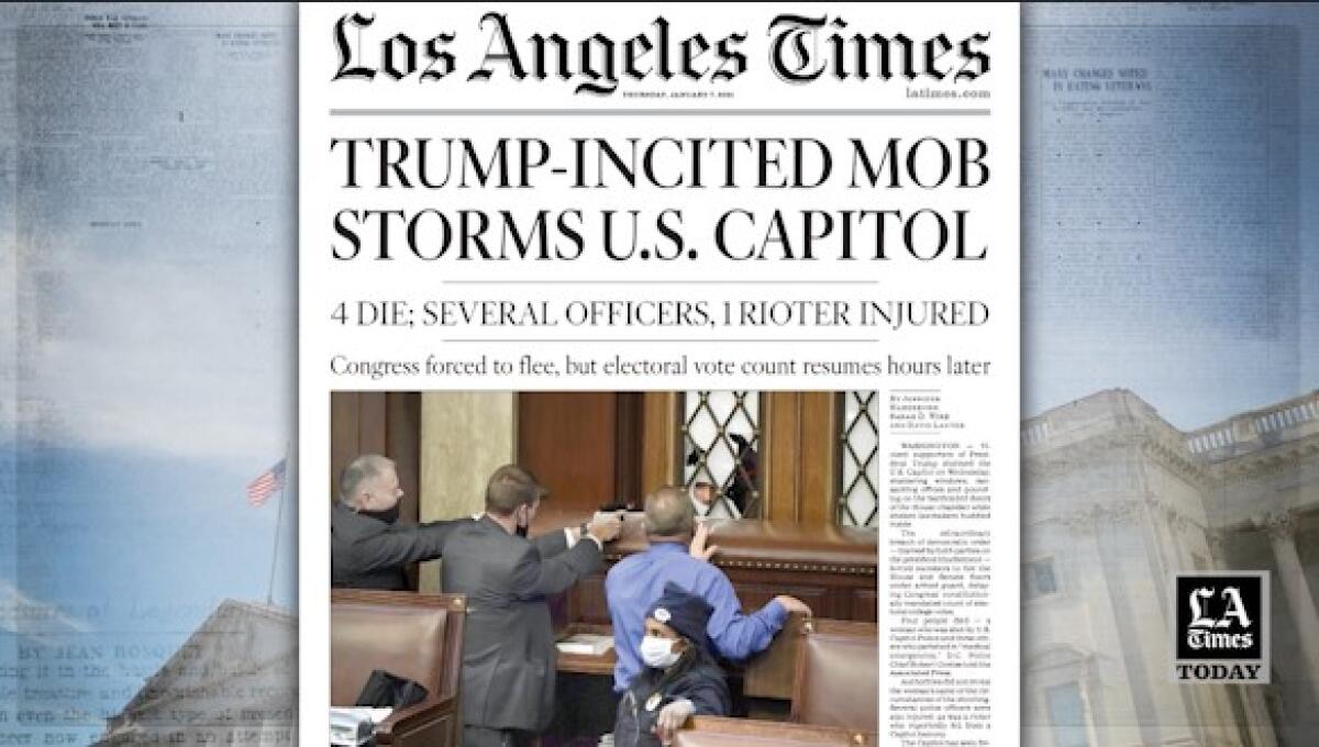Los Angeles Times' front page on Jan. 7, 2021. 