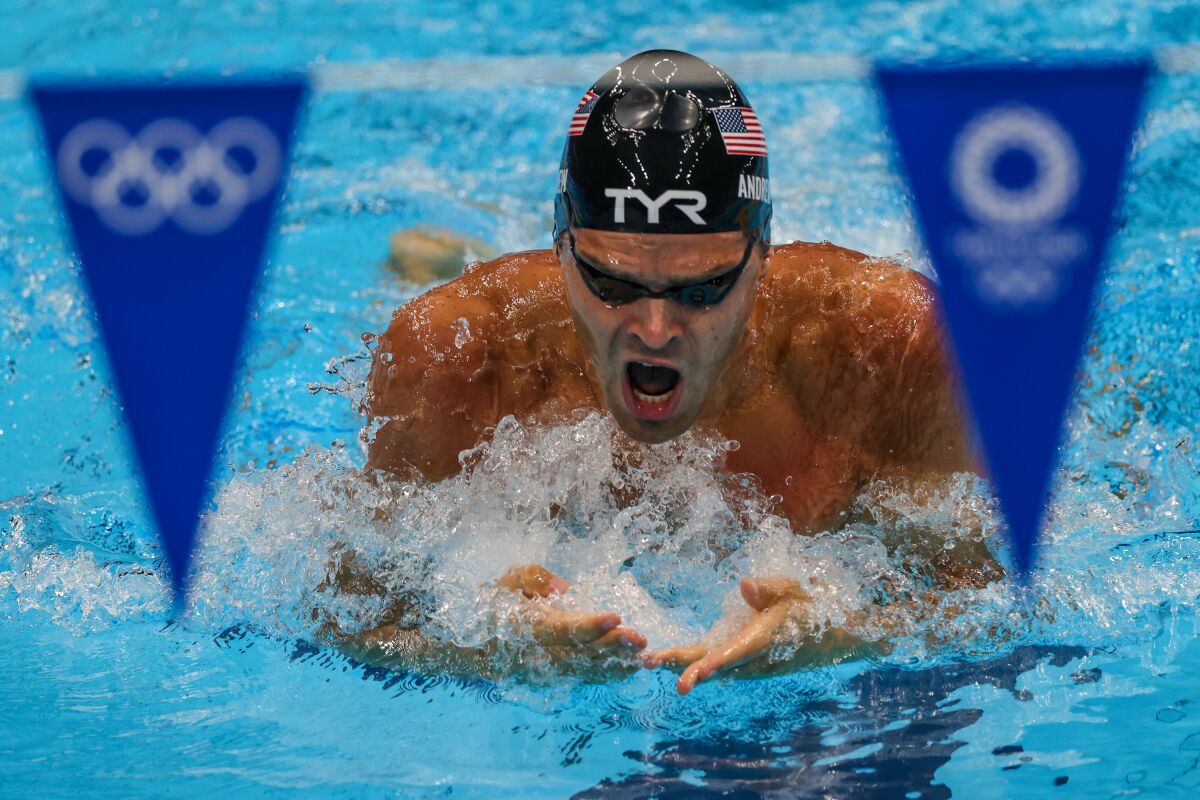 American swimmer Michael Andrew competes in the men's 200-meter individual medley semifinal at the Tokyo Aquatics Center.