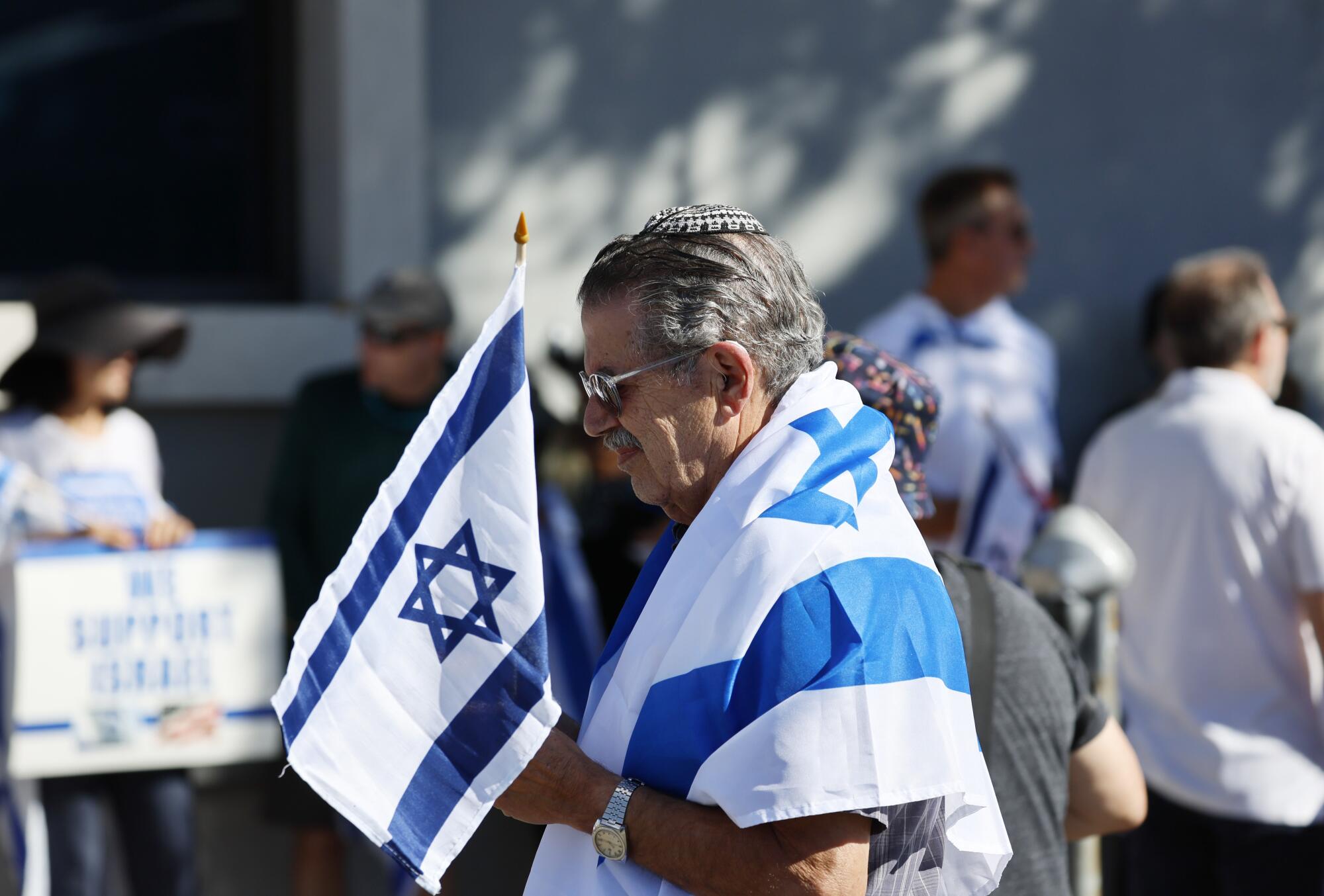 A man participates in the solidarity march for Israel in Los Angeles.