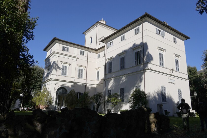 The Casino dell’Aurora, also known as Villa Ludovisi, in Rome, Tuesday, Nov. 30, 2021. The villa in the heart of Rome that features the only known ceiling painted by Caravaggio is being put up for auction by court order after the home was restored by its last occupants: a Texas-born princess and her late husband, a member of one of Rome’s aristocratic families. (AP Photo/Gregorio Borgia)