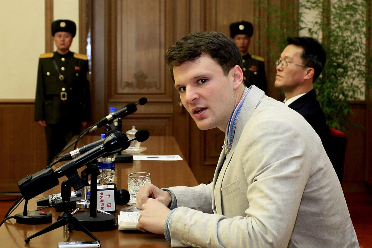 American student Otto Warmbier speaks during a news conference in Pyongyang, North Korea, on Feb. 29.
