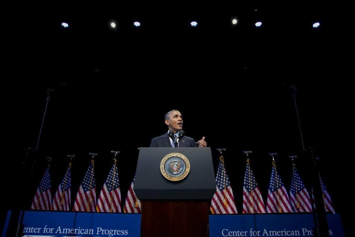 President Obama is shown earlier this month speaking in Washington on income inequality, which he called the "defining challenge of our time."