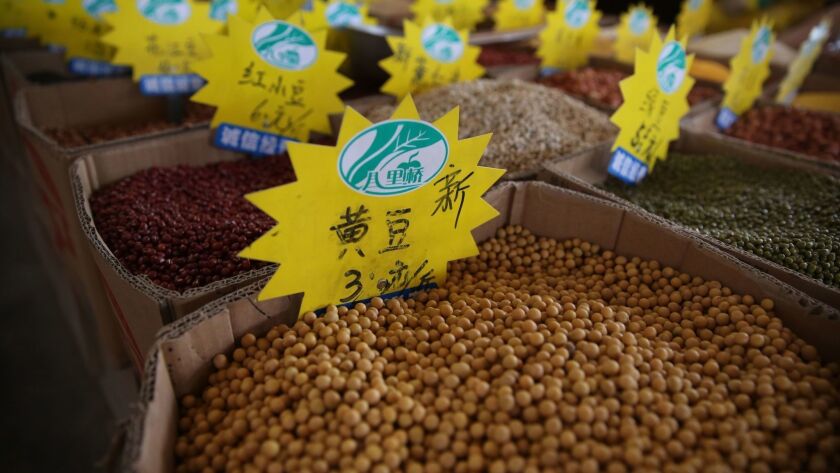 Soybeans for sale in a grain wholesale market in Beijing. 