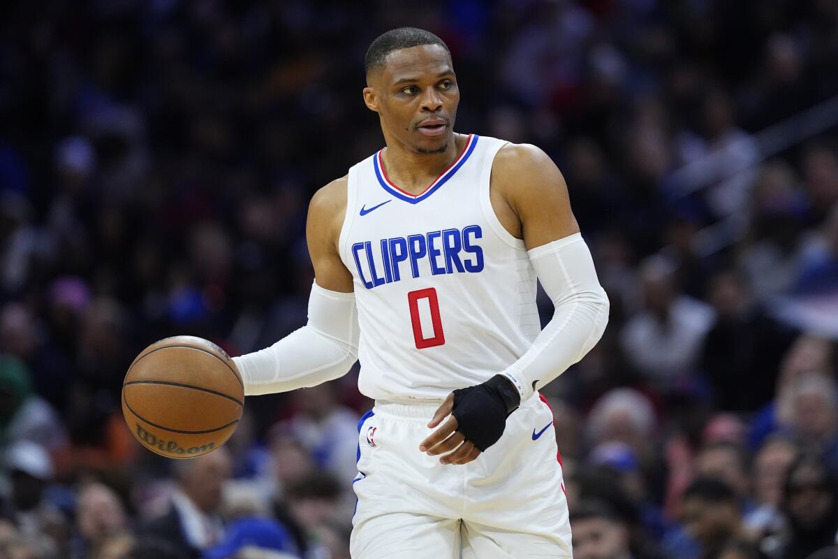 Russell Westbrook controls the ball during a game between the Clippers and Philadelphia 76ers on March 27.