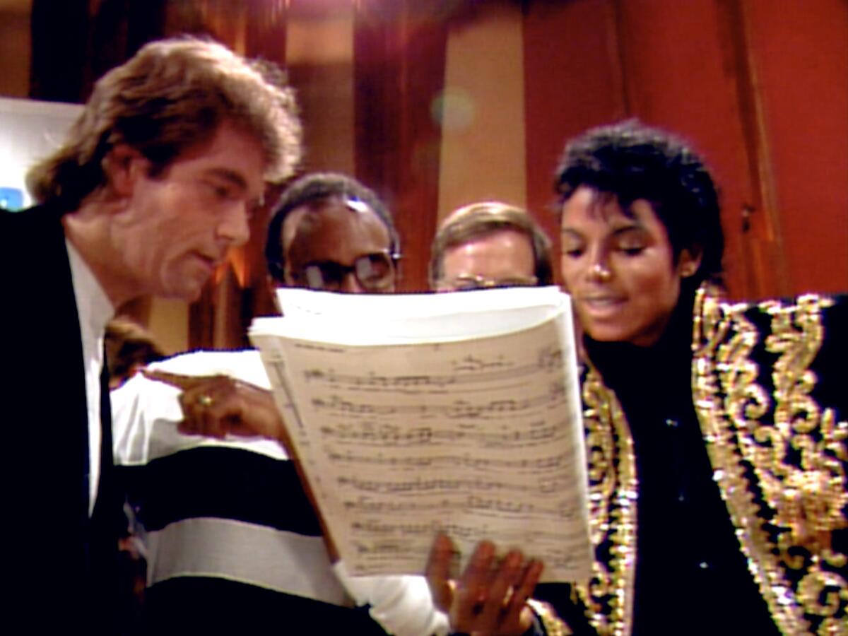 Huey Lewis, Quincy Jones and Michael Jackson in "The biggest night of pop."