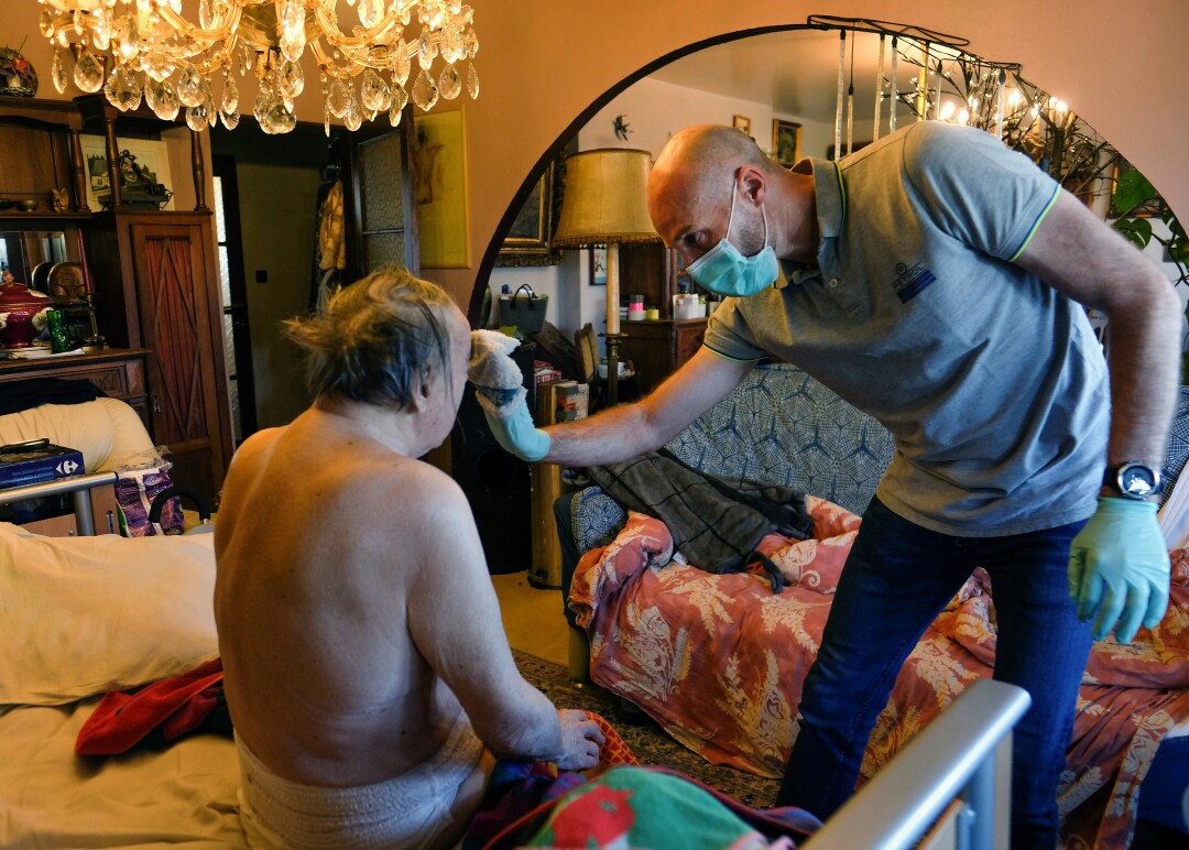 Belgian home nurse work conditions during coronavirus pandemic, Ciney, Belgium - 06 Apr 2020