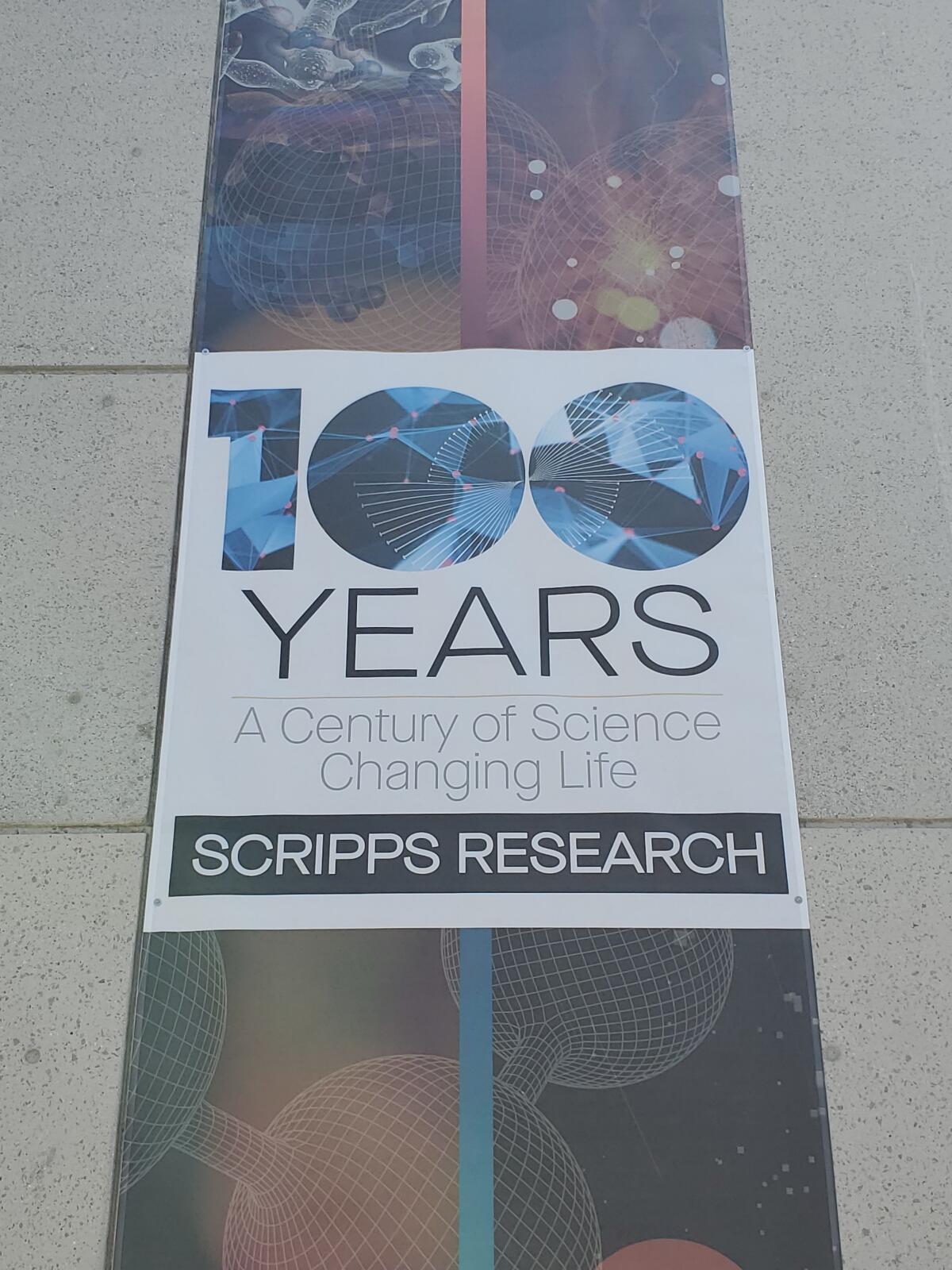 Banners celebrating Scripps Research's 100 years of science hang around the La Jolla campus.