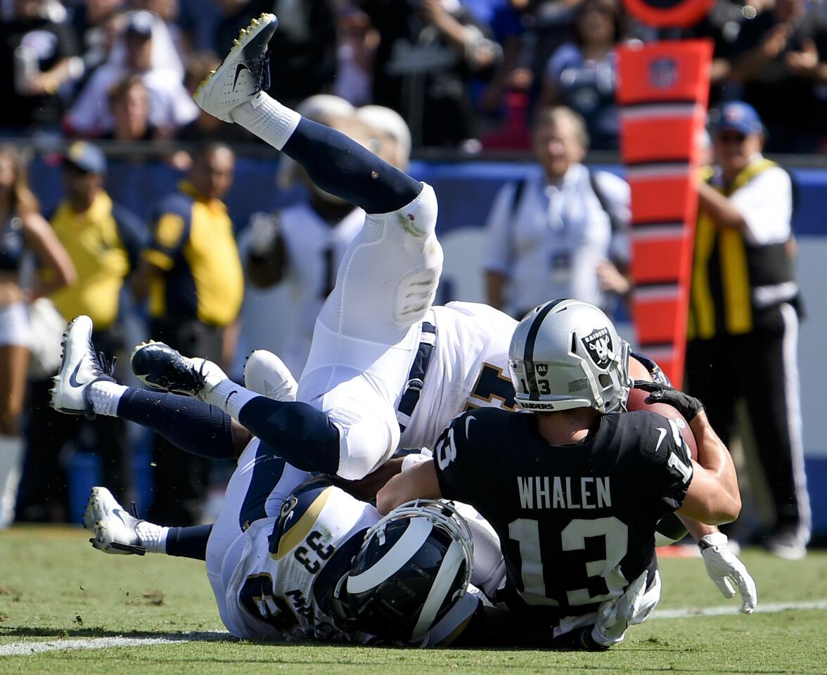 Oakland Raiders wide receiver Griff Whalen scores against the Los Angeles Rams during the second half in an NFL preseason football game Saturday, Aug. 18, 2018, in Los Angeles. (AP Photo/Kelvin Kuo)