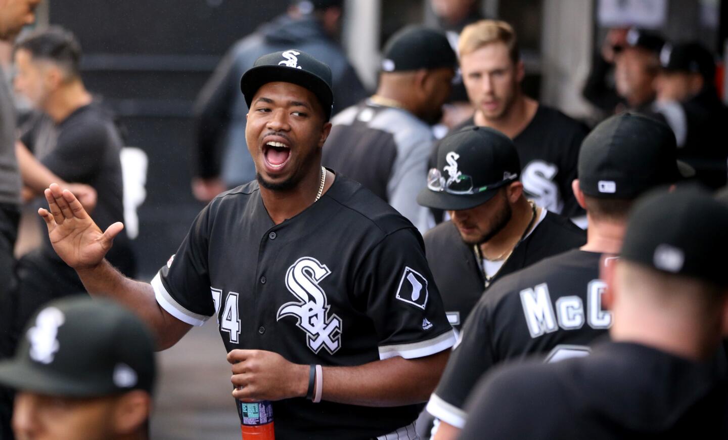 White Sox left fielder Eloy Jimenez has some fun in the dugout before the start of a game against the Yankees at Guaranteed Rate Field on Saturday, June 15, 2019.