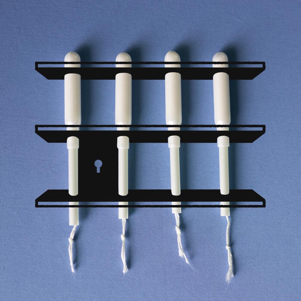 Photo illustration of a row of tampons in the form of prison bars
