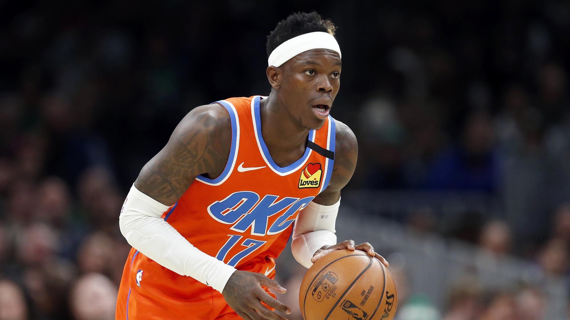 Oklahoma City guard Dennis Schr?der sets up the offense during a game earlier this season in Boston.