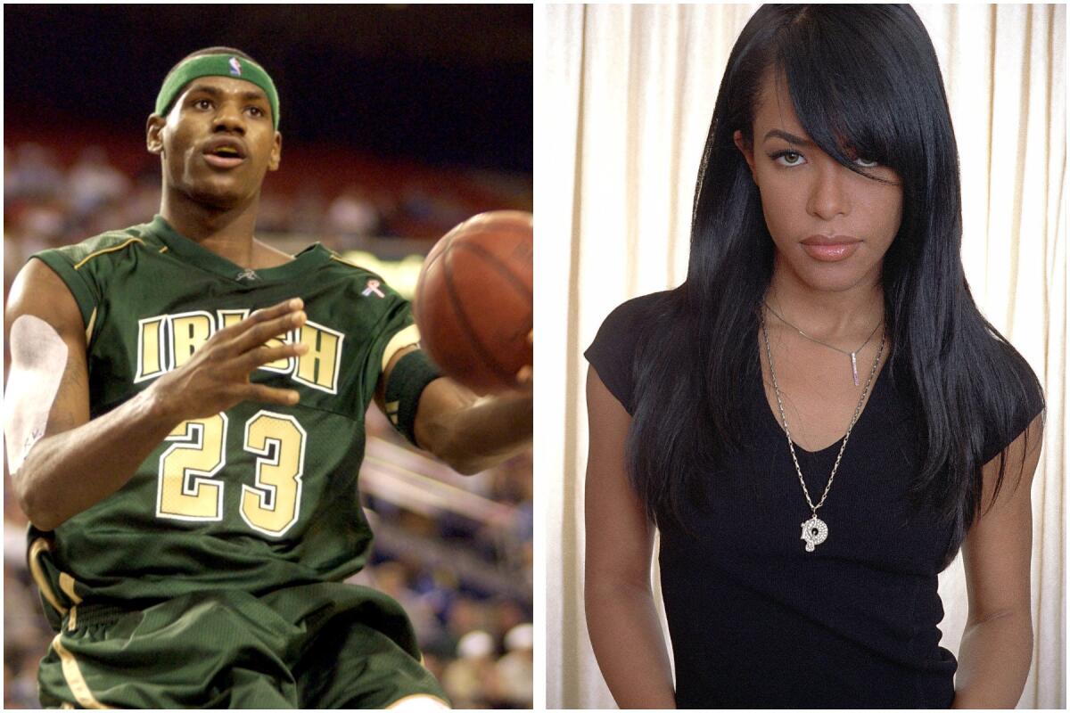 Separate images of LeBron James in a green shirt playing basketball and Aaliyah in a hooded black T-shirt