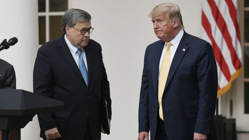 President Trump and Atty. Gen. William Barr at an event in the White House Rose Garden at which Trump announced the government would give up its effort to add a question about citizenship to the census.