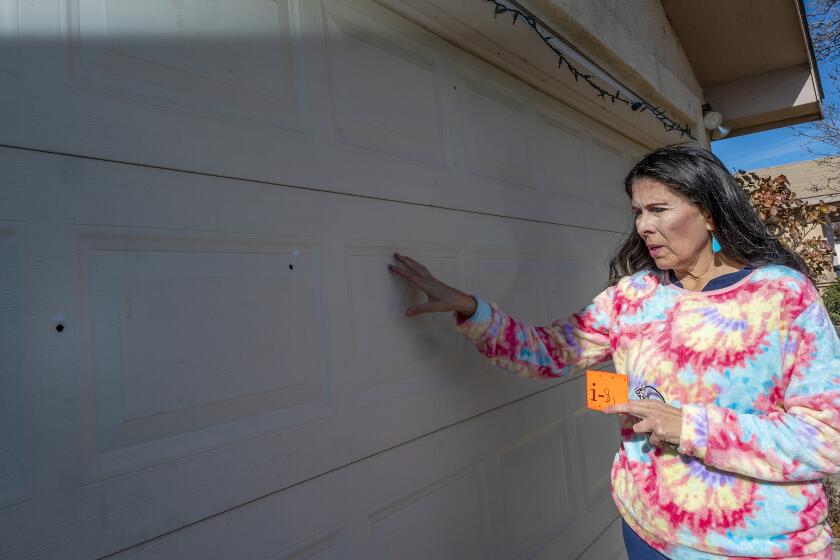 Sen. Linda Lopez , D-Albuquerque, shows bullet holes in her garage door after her Westside home was shot at last month on Thursday Jan. 5 , 2023 in Albuquerque, N.M. Police in New Mexico say the homes or offices of four elected Democratic officials in the Albuquerque area have been hit by gunfire over the past month. Albuquerque Police Chief Harold Medina says local and federal investigators are trying to determine if the attacks are connected. (Adolphe Pierre-Louis/The Albuquerque Journal via AP)