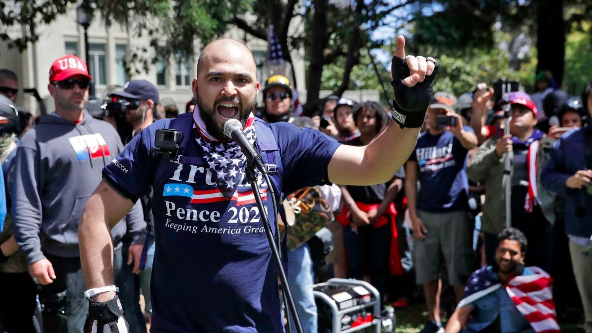 Joey Gibson, a self-described “Libertarian and a Christian” who is organizing the Portland rally, speaks during a rally in Berkeley, Calif. in April 2017.