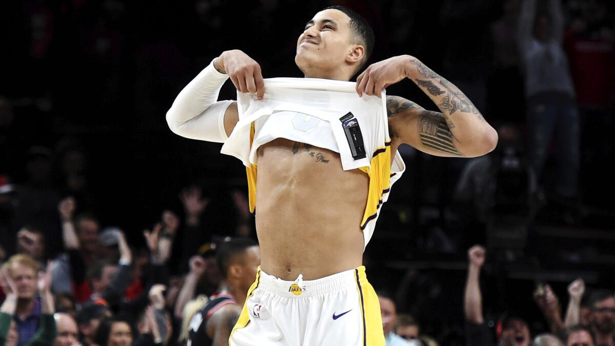 Lakers forward Kyle Kuzma is shown shortly after missing a shot at the buzzer that could have sent the game against the Trail Blazers into overtime on Thursday night.