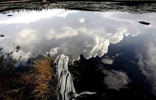 Clouds are reflected on the surface of Red Rock Lake in the Roosevelt National Forest in Colorado.