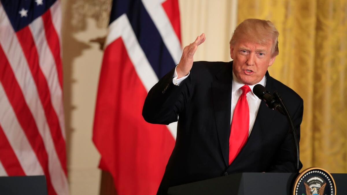 President Trump speaks during a White House news conference with Norwegian Prime Minister Erna Solberg on Jan. 10.