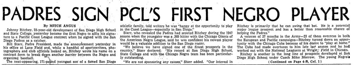 San Diego Padres' Johnny Ritchey Broke Pacific Coast League Color Barrier  75 Years Ago – NBC 7 San Diego