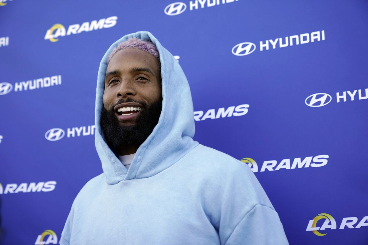 Rams wide receiver Odell Beckham Jr. speaks to reporters at practice in Thousand Oaks on Saturday.