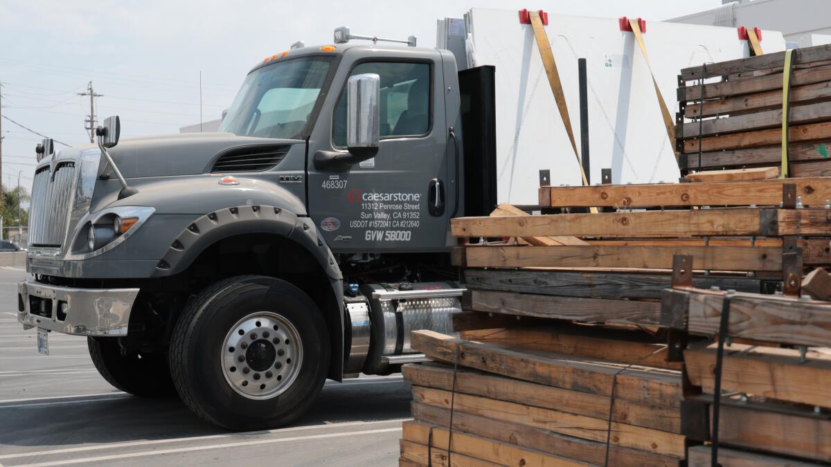 A Caesarstone truck, seen near wooden pallets outside a facility in Sun Valley.