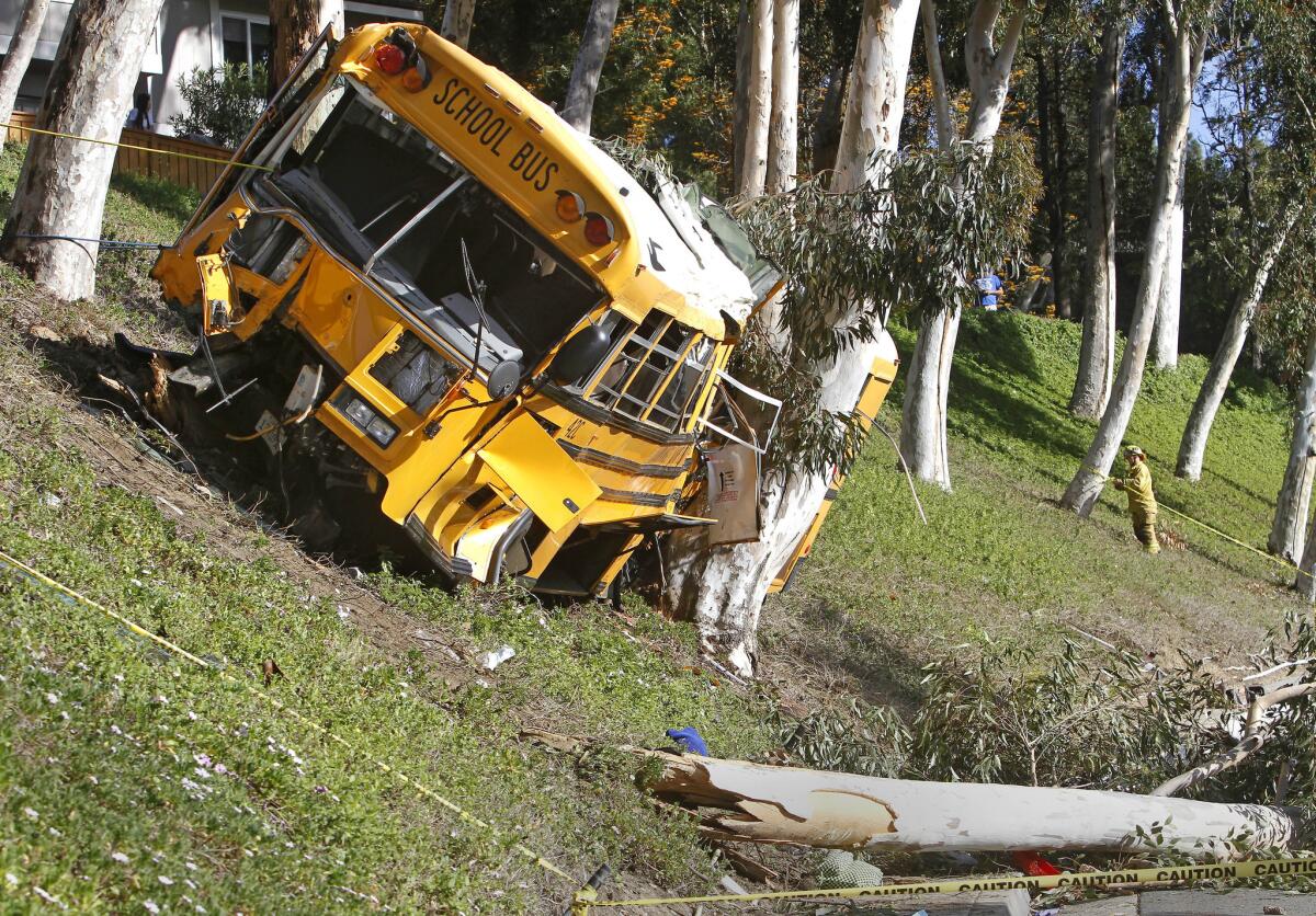 This Orange Unified school bus veered up an embankment, sheered off tree and came to rest against another one. Five students and the driver were taken to hospitals.