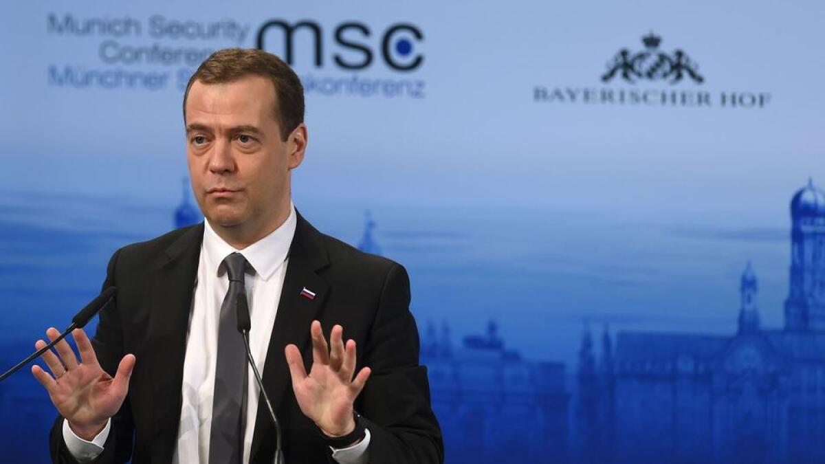 Russian Prime Minister Dmitry Medvedev speaks at the Munich Security Conference in Germany.
