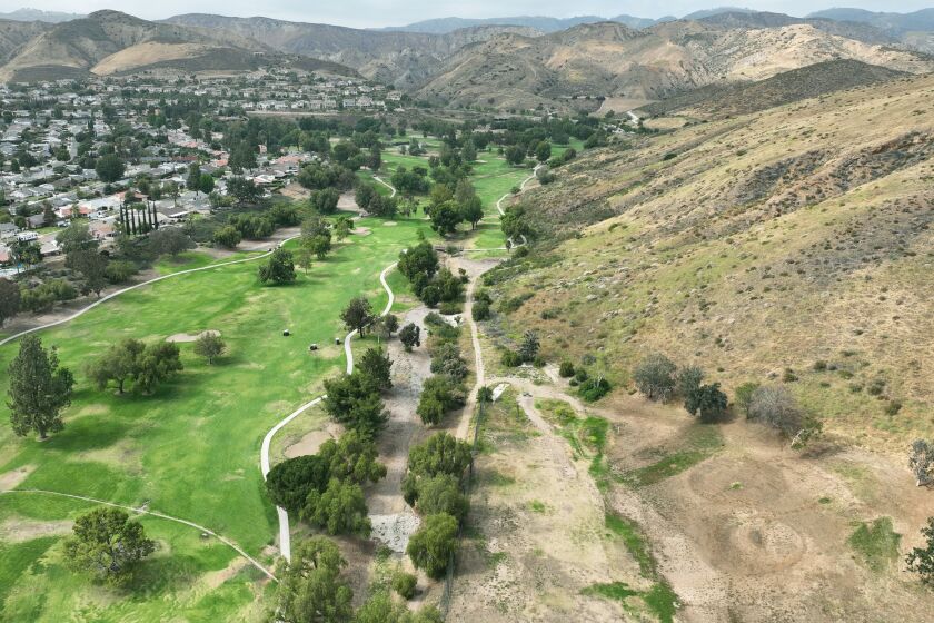 Simi Valley, CA - May 28: Aerial view at Simi Hills Golf Course on Saturday, May 28, 2022 in Simi Valley, CA. The course managers will stop watering on non-playable areas.(Brian van der Brug / Los Angeles Times)