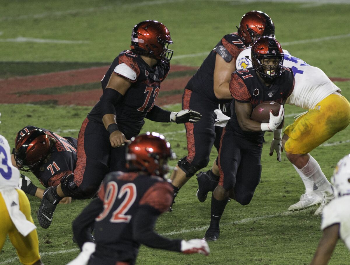 San Diego State’s Chance Bell (21) finds an opening.