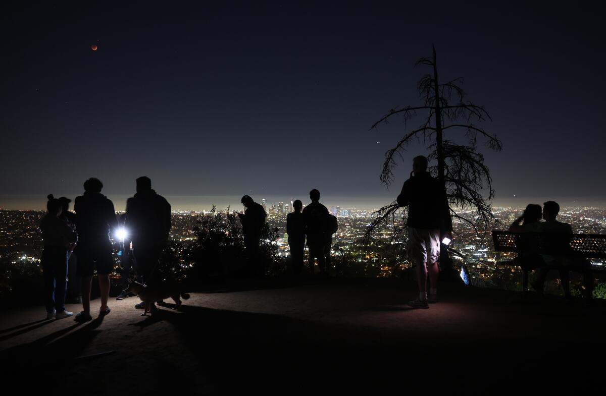 People take in the view from Griffith Park while a total lunar eclipse creates a "super blood moon." 