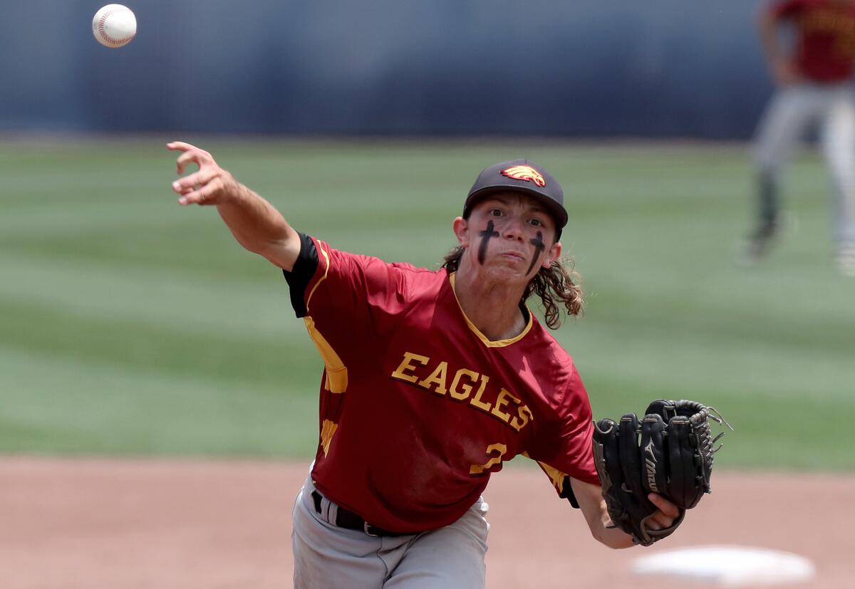 Estancia starter Andrew Mits pitches against Anaheim during the seventh inning of the Division 6 title game.
